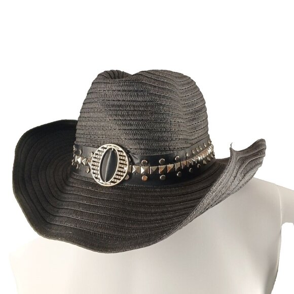 STARMAKER Summer Women Western Straw Hat Studded Band Paper 100% Black - Picture 1 of 9